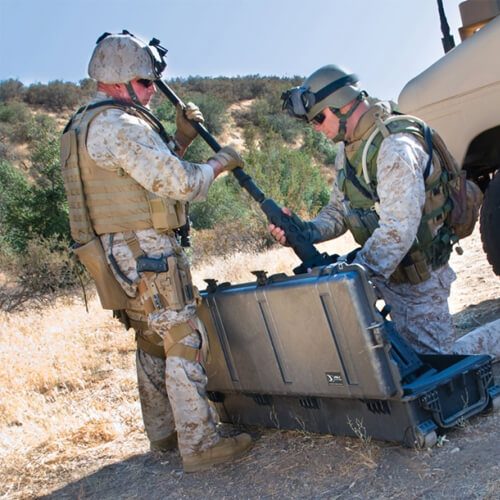 Peli Long Case rigid case used by soldiers to protect a machine gun.