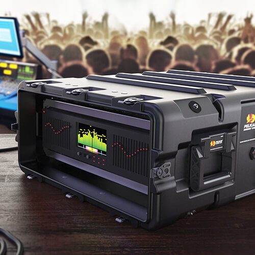 Protective case Peli Rack Case used to protect technical equipment at a concert.