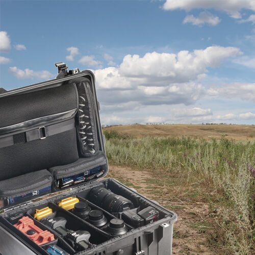 Photography equipment protected by the Peli Studio Hard Case photo trolley.